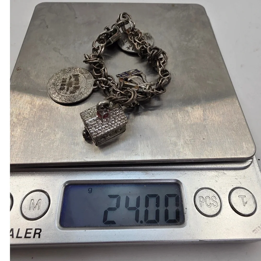 Vintage Sterling Silver Charm Bracelet 1965 Whos Who Schoolhouse Harp 24g